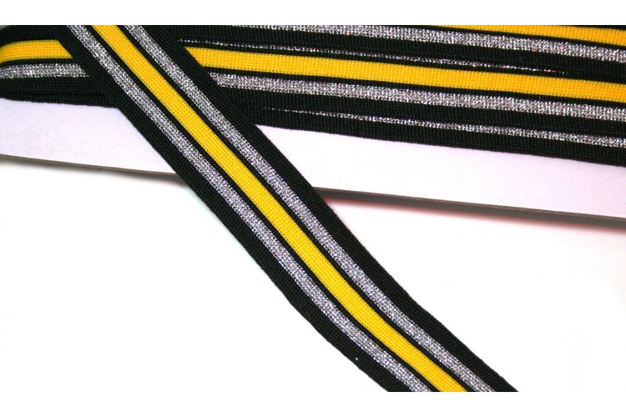1m elastisches Streifenband 30mm gelb/schwarz/silberglitzer